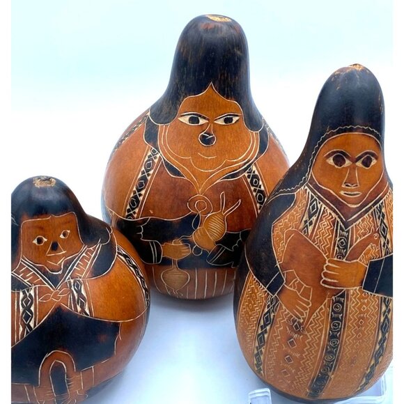 Hand Crafted Gourd Family Set of 3/ Hand Painted /Native American/Vintage - Picture 1 of 7